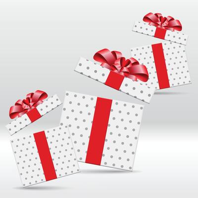 White open gift boxes with grey polka dots and red ribbon bow. 3d style, design for giveaway, surprise, holiday. illustration. stock illustration