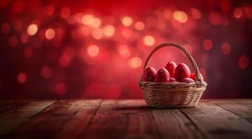 Red Easter Eggs in a Basket on Red Background with Space for Text photo