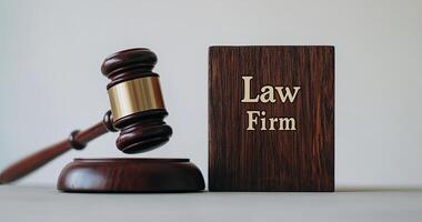 Gavel and Law Firm Nameplate on White Backdrop photo