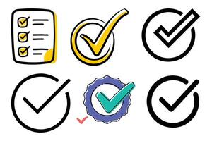 Six Check Mark Icons Yellow, Green, Black, List, and Circle Isolated on White Background vector
