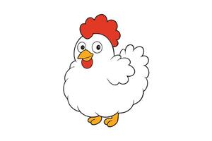 Cartoon White Chicken with Red Crest and Yellow Beak on White Background vector