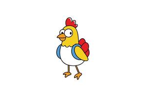 Cartoon chicken with a red comb, yellow body, and outline on transparent background vector