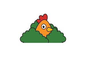Cartoon Chicken Peeking Out of Green Bushes with White Background Design vector