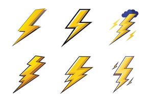 Set of Six Yellow Cartoon Lightning Bolts with Shadows on a Transparent Background vector