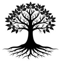 Tree Roots and Leafy Canopy Silhouette, Isolated White Background, Decorative Element vector