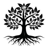 Silhouette of a leafy tree with visible roots on a transparent background art vector