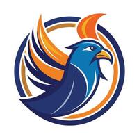 Abstract Blue Bird with Orange Accent Feathers in Circular on White vector