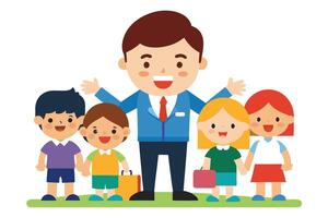 Smiling Cartoon Teacher with Diverse Group of Happy Children on White Background vector