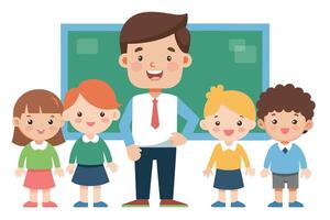 Smiling Teacher with Diverse Students Posing Before Chalkboard on White Background vector