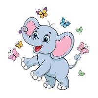 Cartoon Elephant Character with Butterflies on a White Background vector