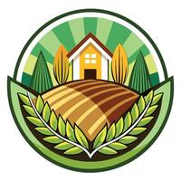 Farm House Landscape Icon with Field, Trees and Laurel Wreath in Circle Shape vector