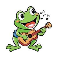 Joyful Green Cartoon Frog Playing Guitar and Singing with Notes on White Background vector