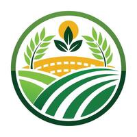 Agriculture Field Icon with Green Leaves, Round Frame, Organic Farming Symbol vector