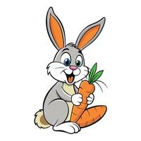 Happy Gray Cartoon Rabbit Hugging a Carrot with Green Leaves on White Background vector