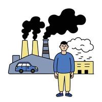 Man Near Factory with Pollution, Stylized Building with Auto on White vector