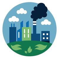 Industry Building Factory Smoke Stack on Green Hill with Leaves vector