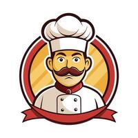 Cartoon Chef with Toque Hat, Mustache, and Red Ribbon in Circle Isolated vector