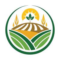 Farm Field Landscape with Trees, Crops, and Rising Sun in Circular Design vector
