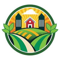 Green Field With Red House and Yellow Sunburst in Round Border on White vector
