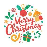 Merry Christmas Calligraphy with Festive Ornaments on a White Background Design vector