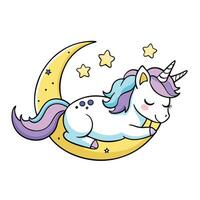 Cute Unicorn Sleeping on Crescent Moon with Stars on White Background Cartoon Style vector