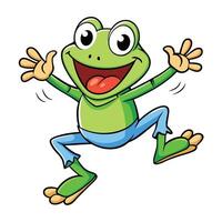 Jumping Green Cartoon Frog with Light Blue Pants on Isolated White Background vector