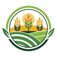 Farm Crops Emblem Flat Design Landscape View of Grain Fields and Tree inside Circle vector