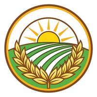 Agriculture Field with Wheat Laurel, Farm Fields and Rising Sun Design vector