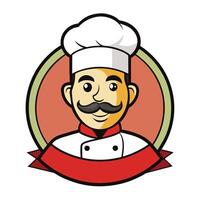 Cartoon Chef Man with Moustache, Wearing White Hat and Uniform on Isolated Background vector