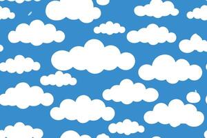 Seamless Whimsical Clouds Pattern on Blue Sky Background Simple Flat Style vector