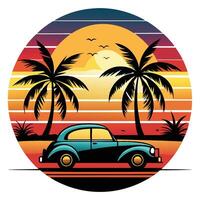Retro Car Silhouette with Palm Trees at Sunset on Striped Background Circle vector