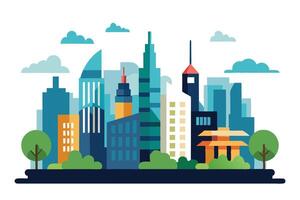 Colorful Cityscape with Geometric Buildings Trees and Clouds on a White Background vector