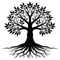 Silhouette Tree with Roots and Leaves on White Background vector