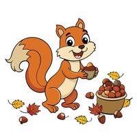Cartoon Squirrel Holding Acorn Cup with Autumn Leaves and Nuts on White Background vector