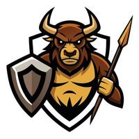 Cartoon Brown Bull Warrior with Shield and Spear in Bold Style vector
