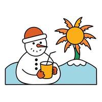 Cartoon Snowman Holding Drink near Palm Tree Isolated on White Background vector