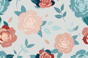 Seamless Floral Pattern with Roses and Leaves on Light Gray Background vector