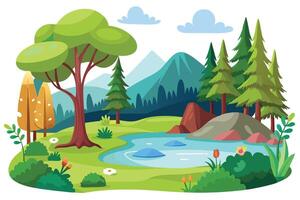 Serene Lake Landscape with Mountains, Trees, Rocks and Lush Greenery vector
