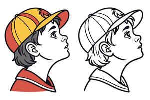Cartoon Boy Portrait in Cap Looking Upward, Color and Line Art Versions on White vector