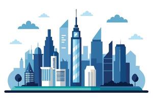 Cityscape in Blues Modern Skyline with Clouds on White Background, Flat Design vector