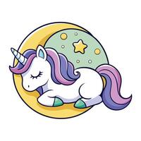 Cartoon Sleeping Unicorn with Closed Eyes on Moon in Night Sky Design vector