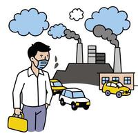 Man in Mask with Factory and Cars, Cartoon Style on White Background vector