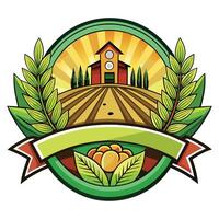 Farm Barnhouse on Hill with Fields and Wheat Laurel Cartoon Retro vector
