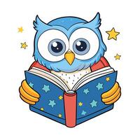 Cartoon Owl Character Reading Book with Stars on White Background vector