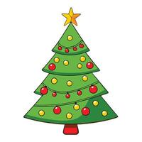 Cartoon Christmas Tree with Star Topper, Red String Lights, Yellow Ornaments vector