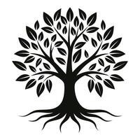 Silhouette Tree with Roots, Branches and Leaf on White Backdrop vector