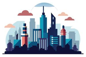 Modern Cityscape Silhouette with Geometric Buildings and Clouds in Soft Palette vector