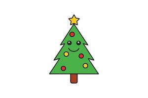 Green Christmas Tree with Star and Ornaments on White Background Flat Design vector