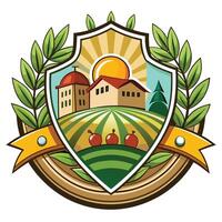 Agricultural Crest with Farmhouse, Rolling Fields, Sunburst and Three Apples Emblem vector