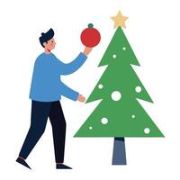 Man Decorating Green Christmas Tree With Red Ornament On White Background Flat vector
